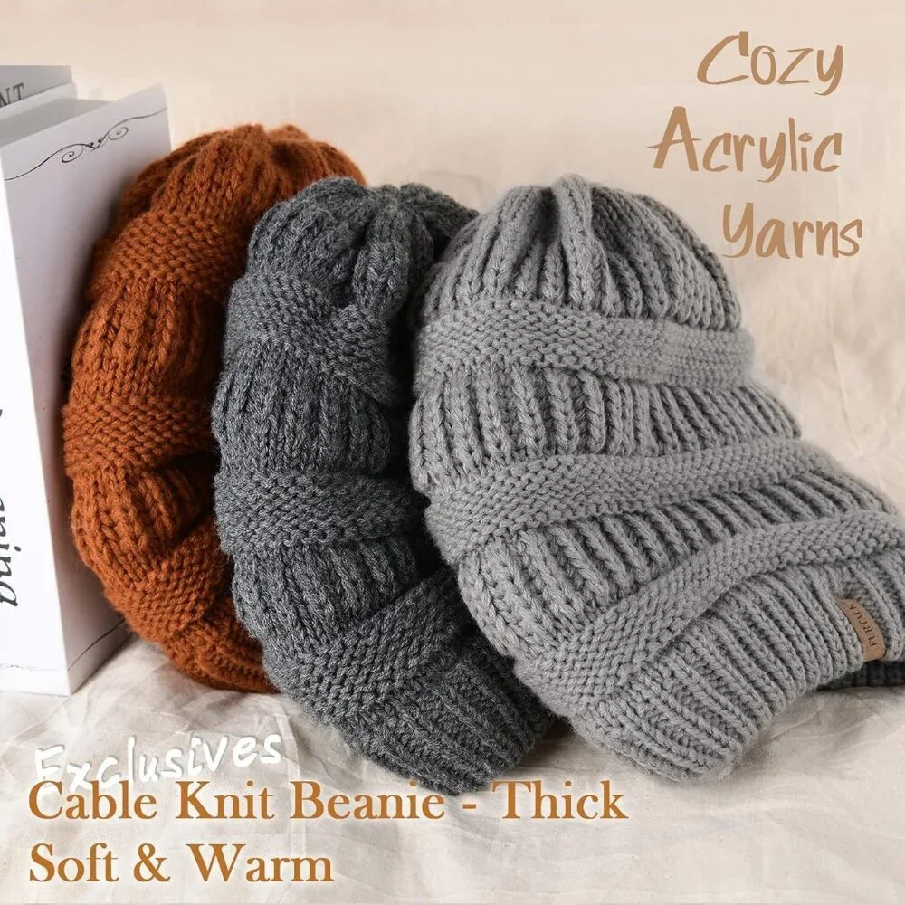 Women's Knitted Beanie Gray Cozy Skull Ski Hats Cap Winter Warm Slouchy Design - Picture 2 of 7
